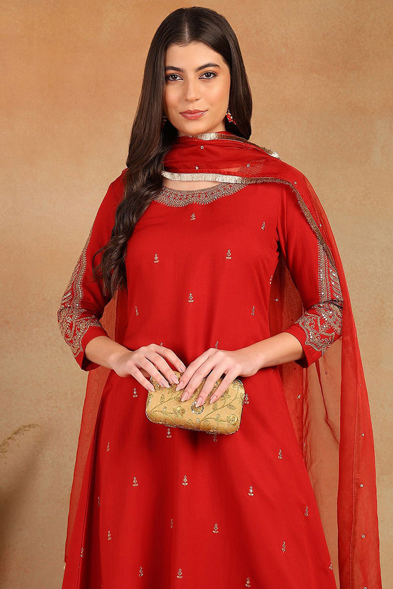 Red Silk Blend Embroidered A-Line Kurta Trouser With Dupatta HOPPKSKD2