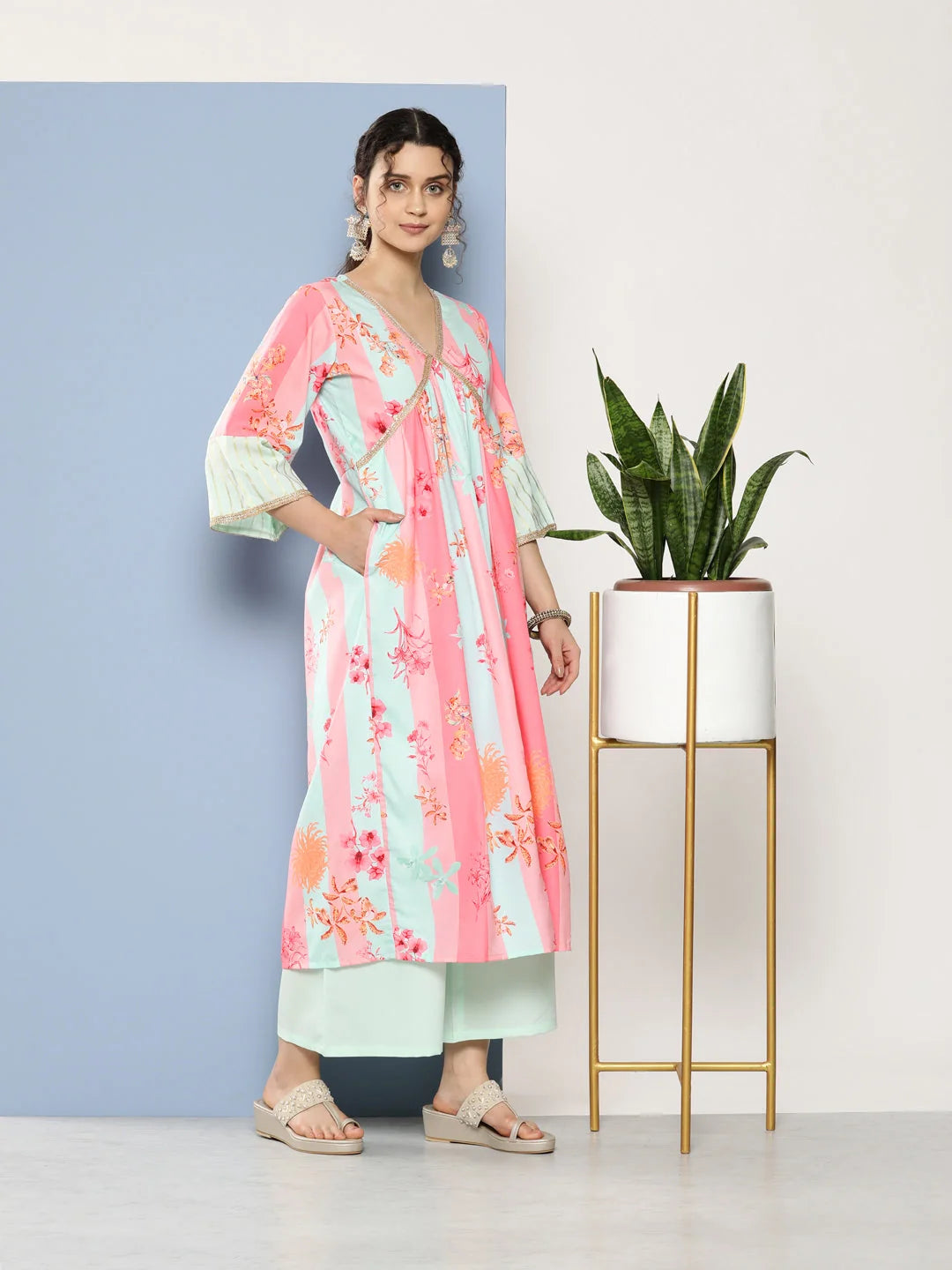 Floral Kurta Palazzo Set - Pink & Blue Gotta Patti | Women's Set
