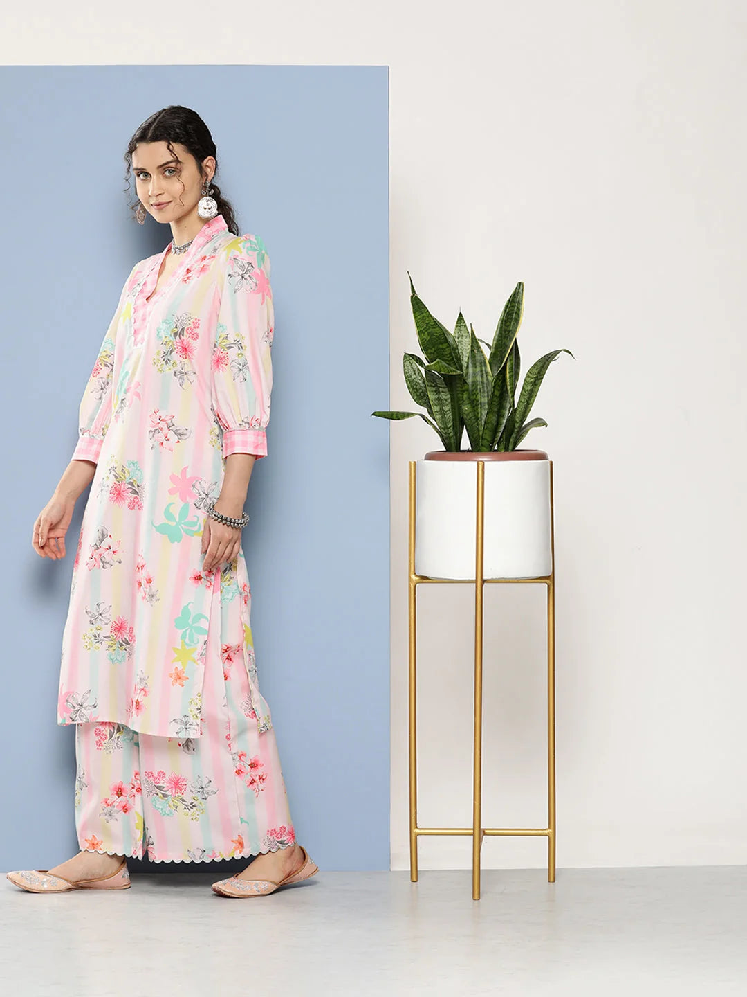 Pink Floral Kurta Palazzo Set with Gotta Patti - Chic Style