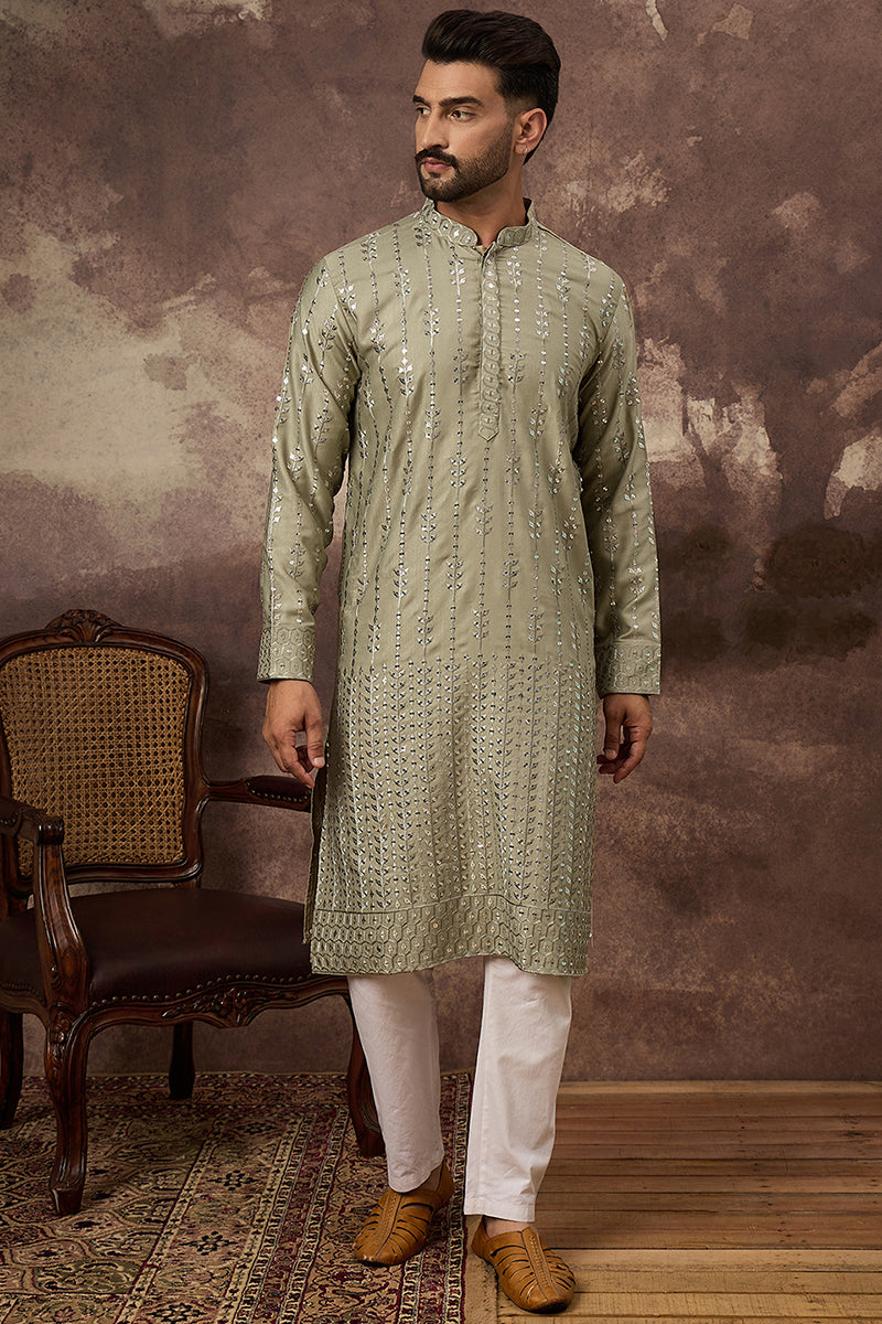 Green Silk Blend Solid Embroidered Straight Kurta MKU1356
