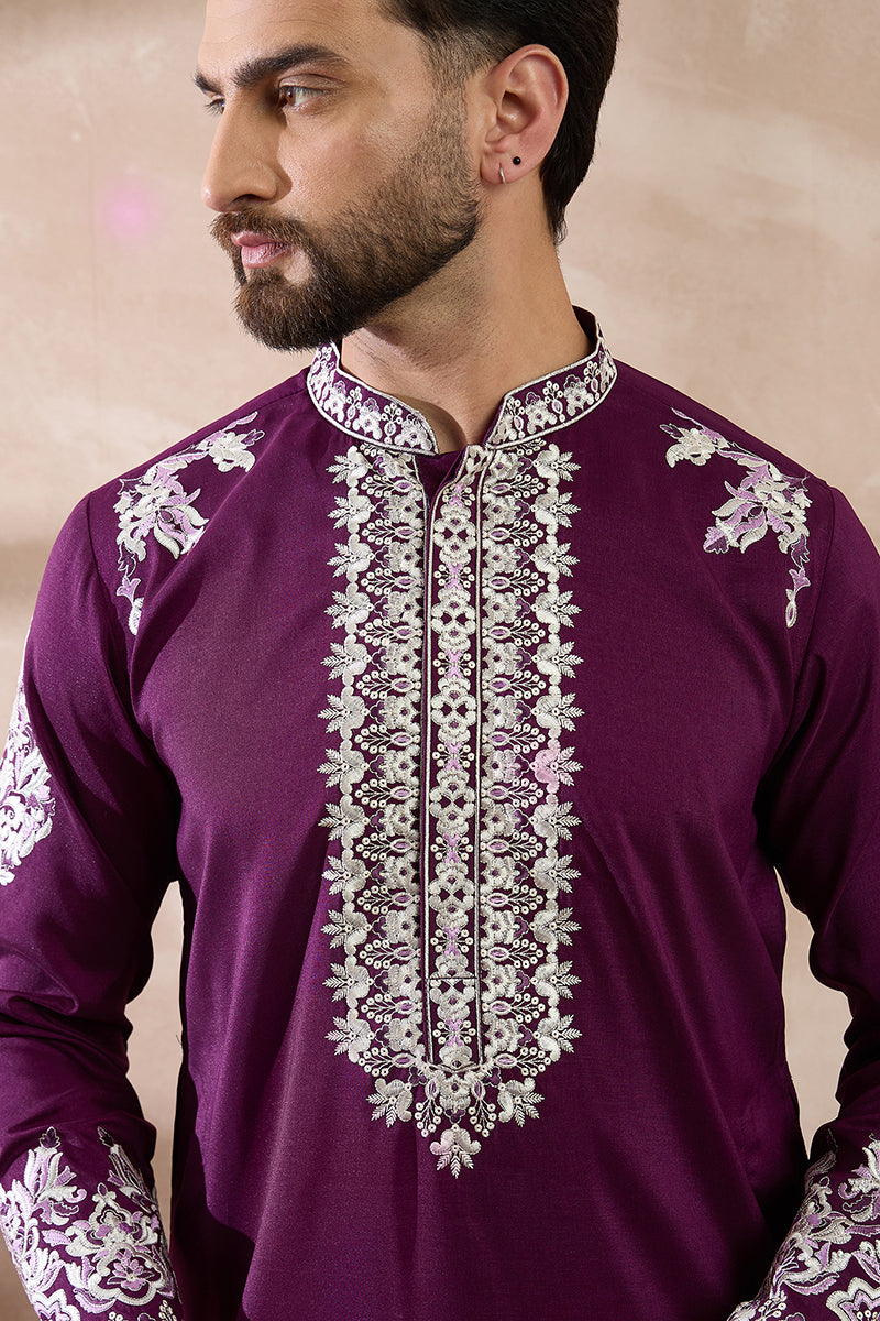Purple Silk Blend Embroidered Mandarin Collar Straight Kurta With Trou