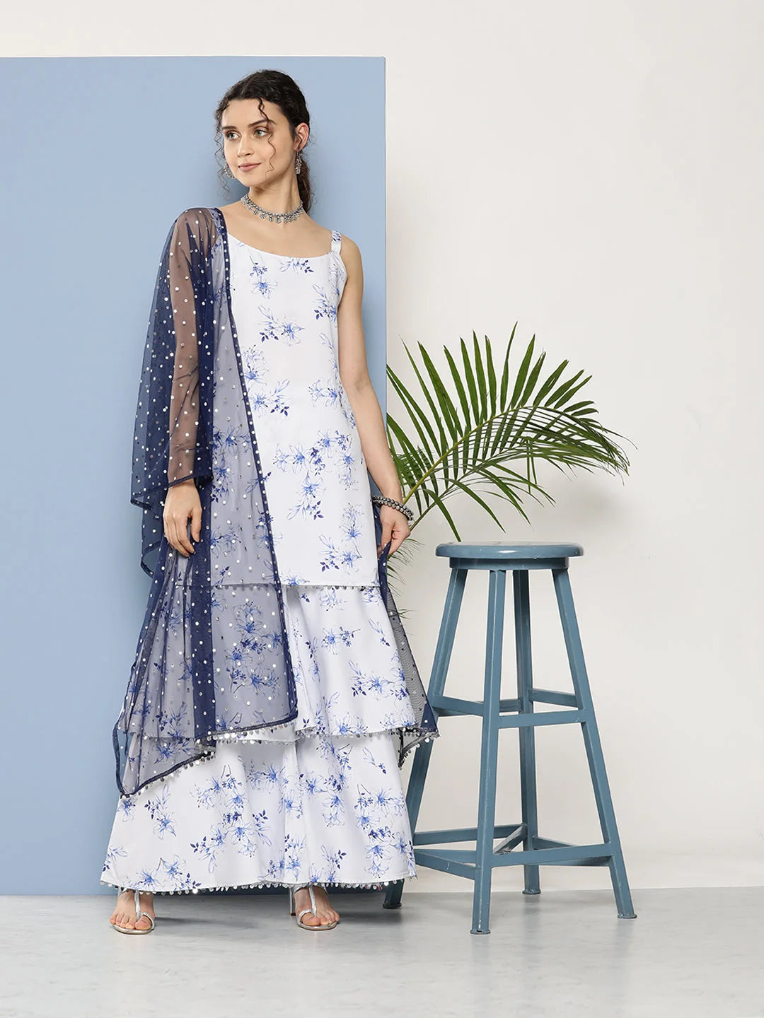 White Floral Sharara Set: Sequined Designer Sharara Suits