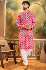 Red Silk Blend Embroidered Shibori Straight Kurta With Trousers MKSET1417