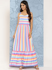 Pink & Blue Striped Maxi Ethnic Dress-AHEDCRDP-202-ICH