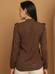 Coffee Brown Woven Design Frill Top-JNT-2025Coffee