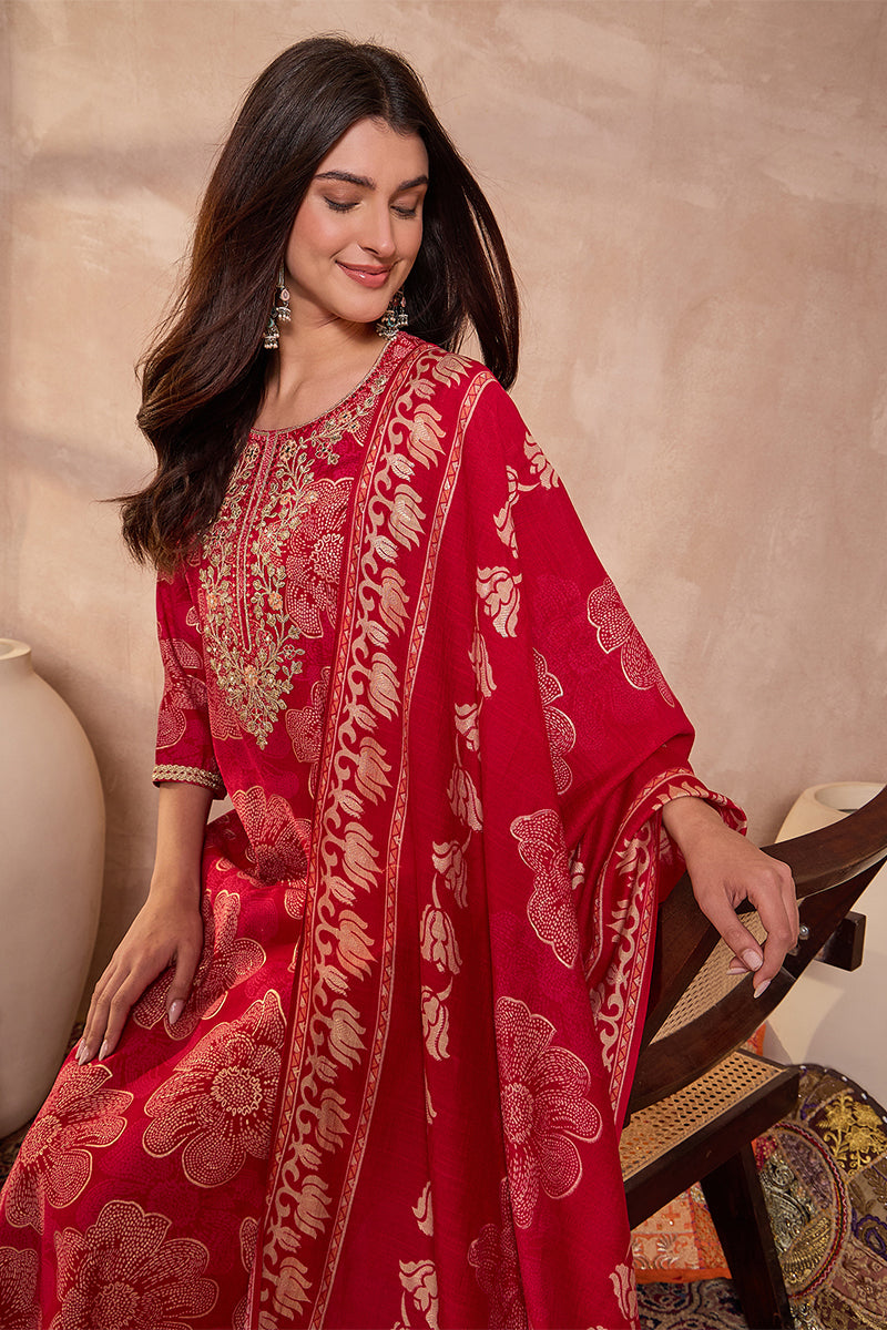 Pink  Floral Printed Straight Kurta Trouser With Dupatta VKSKD3208