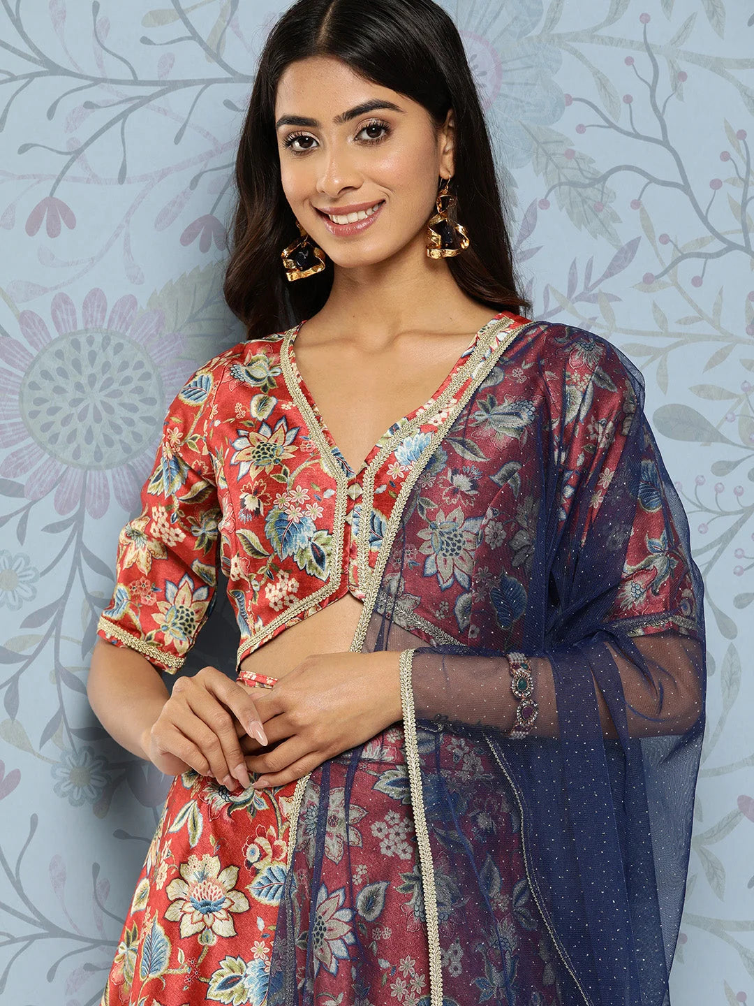 Rust & Blue Floral Lehenga | Ready to Wear Women's Lehenga Choli