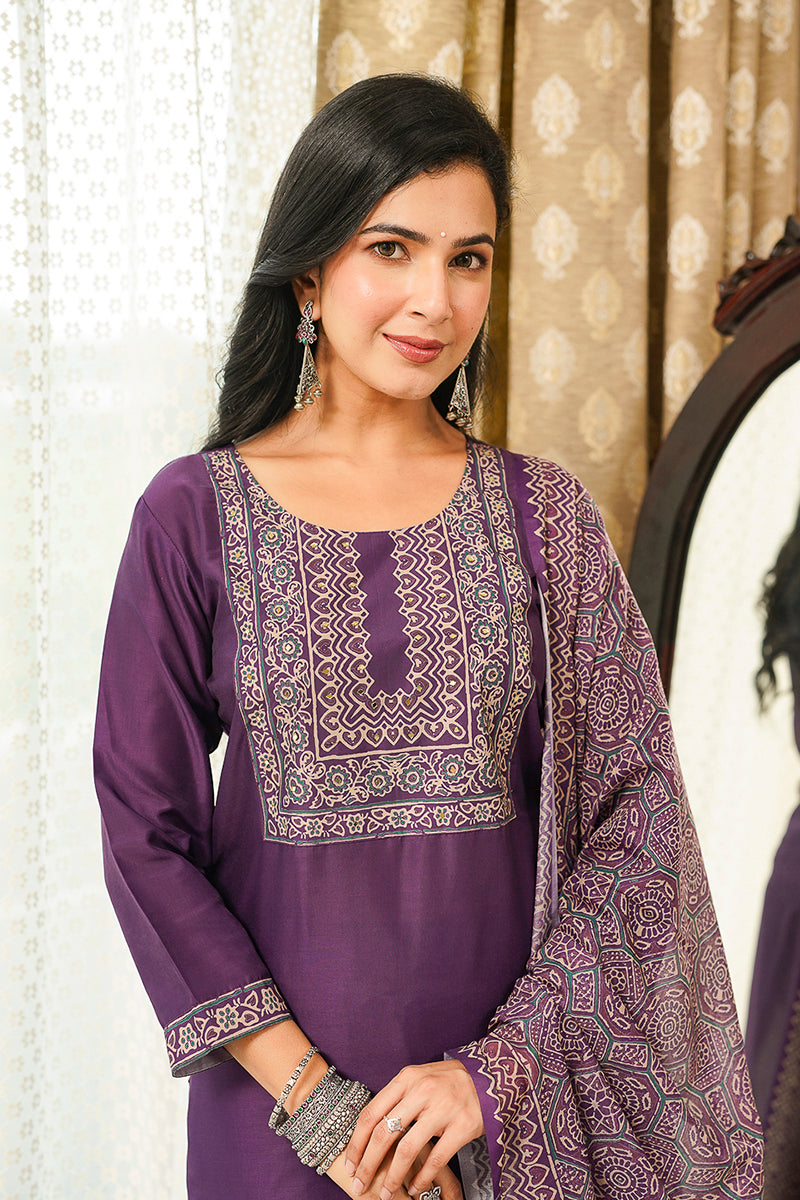 Purple Rayon Blend Ajrakh Printed Straight Kurta Trousers With Dupatta PKSKD3067