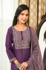 Purple Cotton Blend Ajrakh Printed Straight Kurta Trousers With Dupatta PKSKD3067