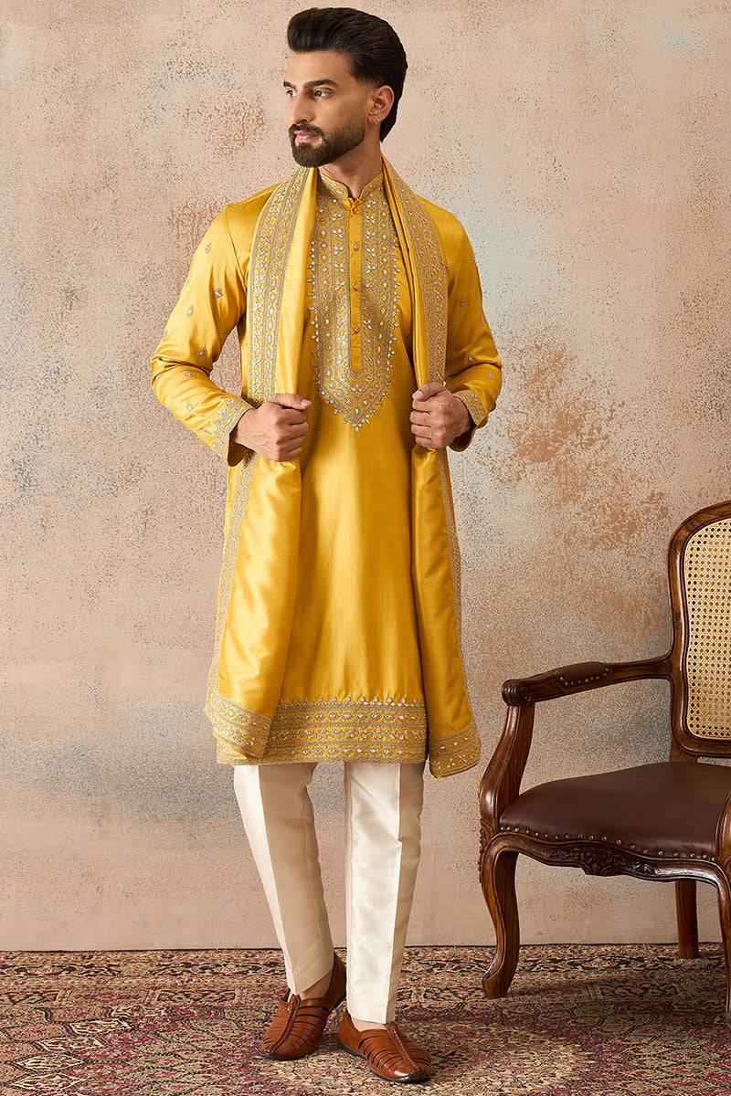 Yellow Silk Blend Solid Embroidered Kurta With Dupatta MKUD1026
