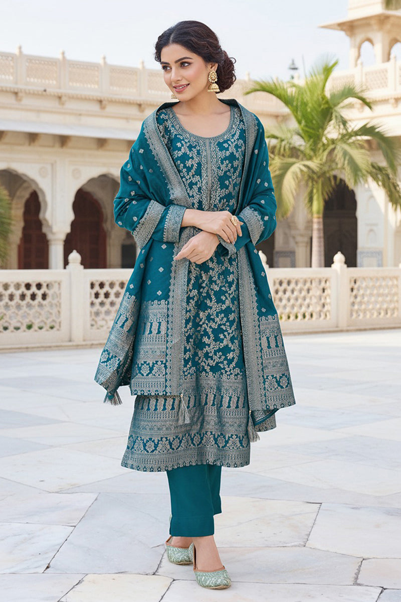 Teal Blue Poly Chanderi Solid Woven Design Straight Trouser Suit Set P