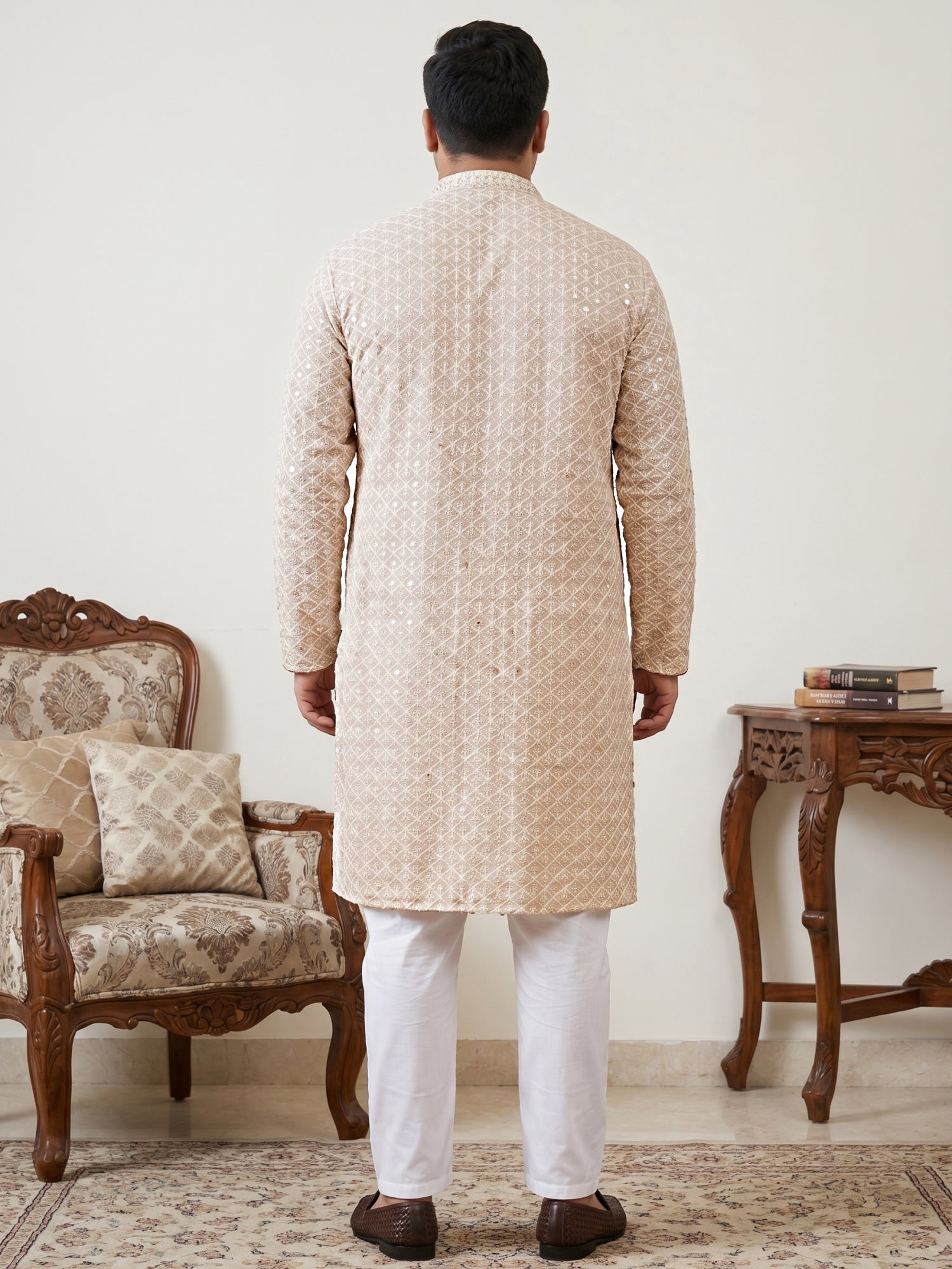 DesiQlo Men Embroidered Kurta Pyjama Set - Beige - JOKP_P_5005Beige_3X