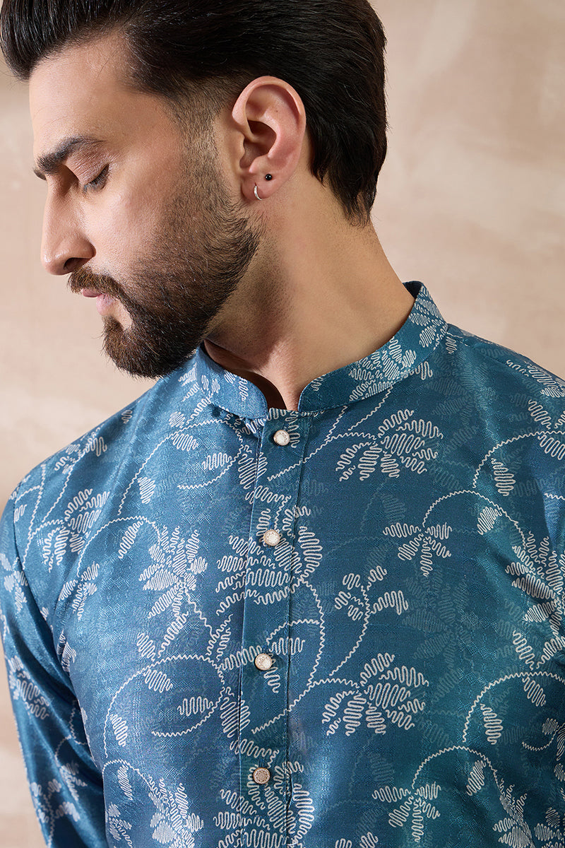 Blue Silk Blend Printed Mandarin Collar Straight Kurta With Trouser MKSET1998