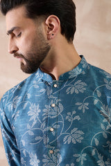 Blue Silk Blend Printed Mandarin Collar Straight Kurta With Trouser MKSET1998