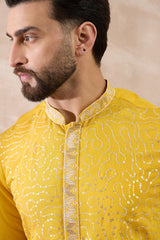 Yellow Silk Blend Embroidered Mandarin Collar Straight Kurta MKU2052