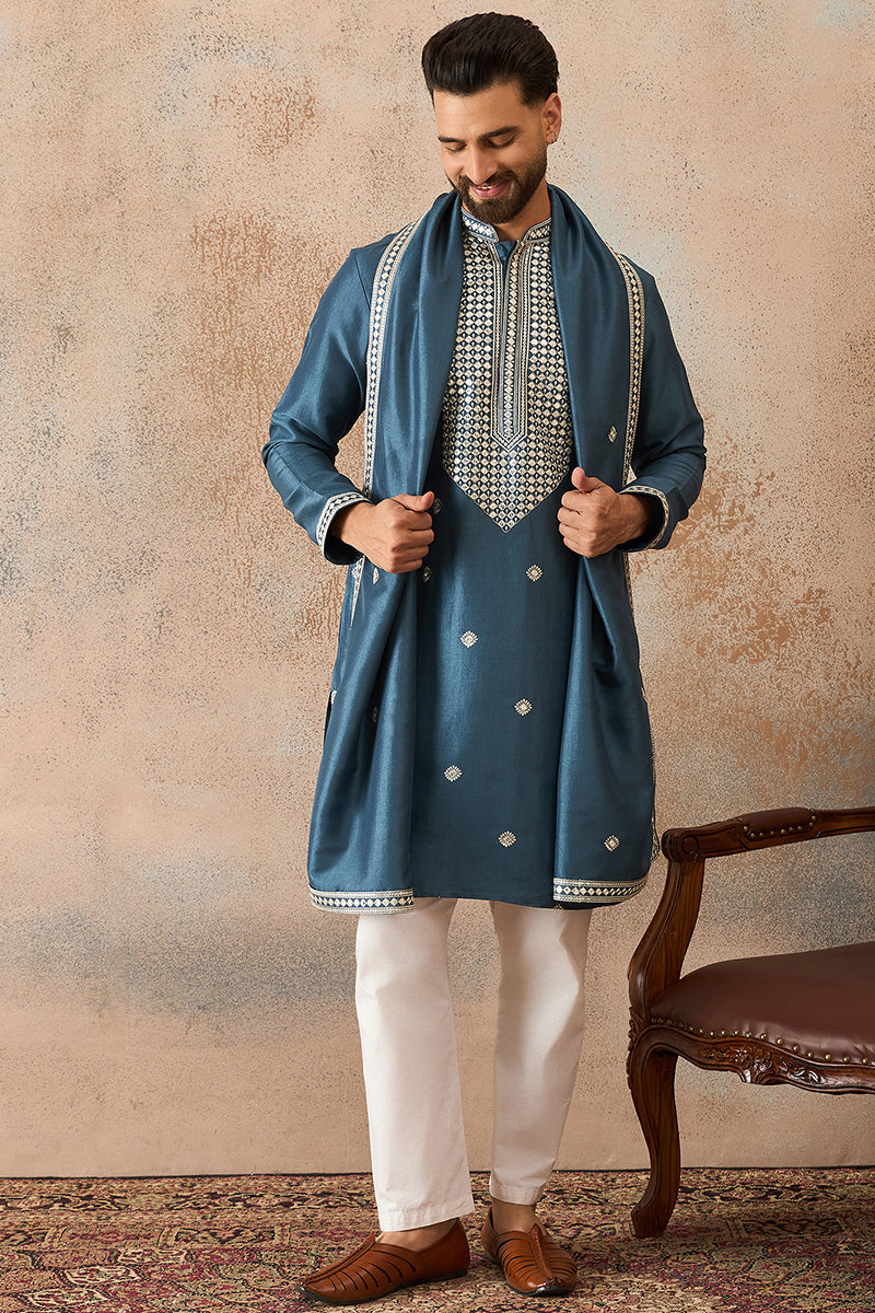 Blue Silk Blend Solid Embroidered Kurta With Dupatta MKUD1048