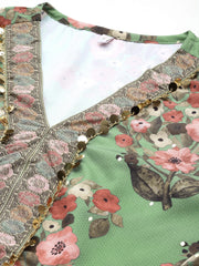 Green & Pink Floral Printed Tunic-AHTUCRDP-8166