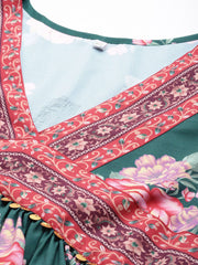 Green & Pink Plus Size Floral Printed A-Line Midi Dress-AP-AHEDCRDP-204-ICH