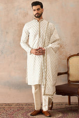 White Jacquard Woven Design Floral Straight Kurta with Dupatta MKUD1049