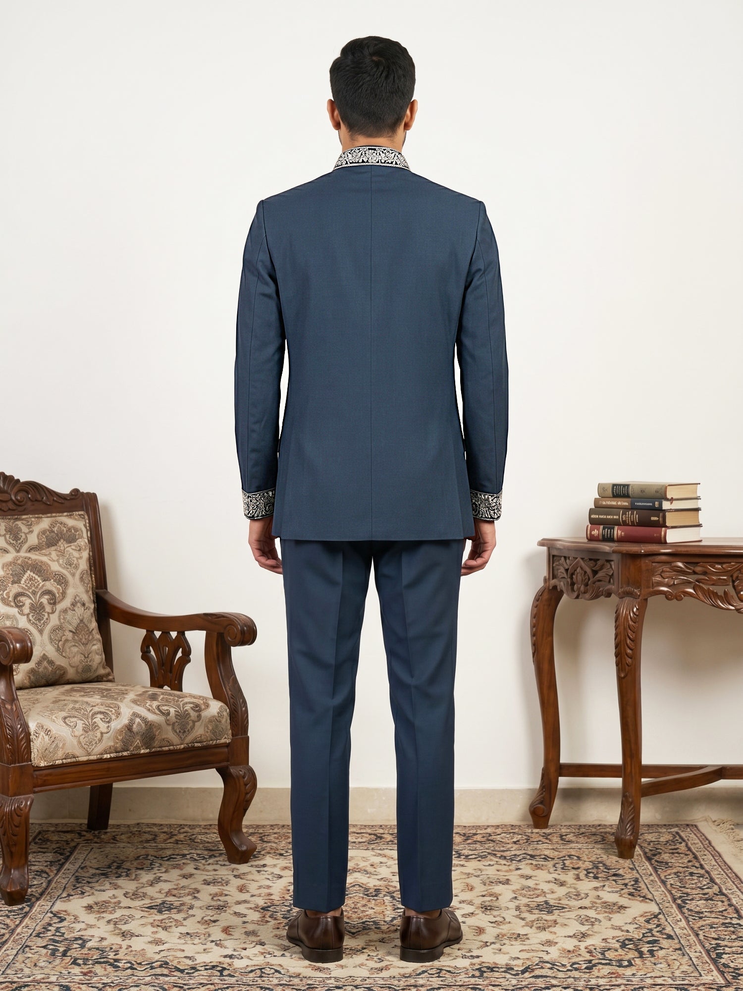 DesiQlo Men Embroidered Indo Western Set - Blue - 50JIND_216Navy_S