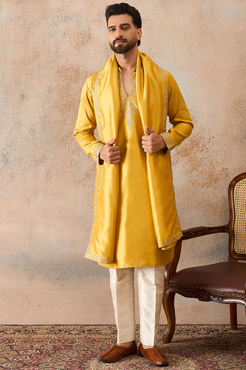 Yellow Silk Blend Solid Embroidered Kurta With Dupatta MKUD1022