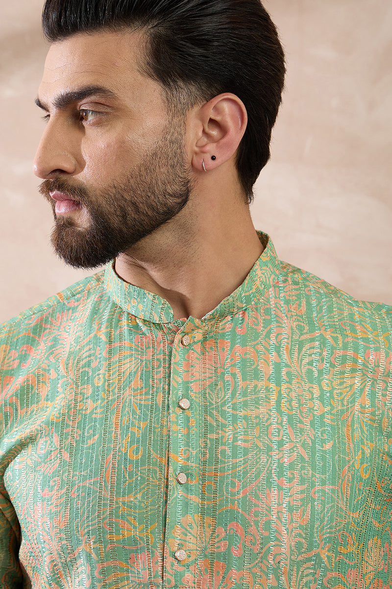 Green Silk Blend Printed Mandarin Collar Straight Kurta With Trouser MKSET2113