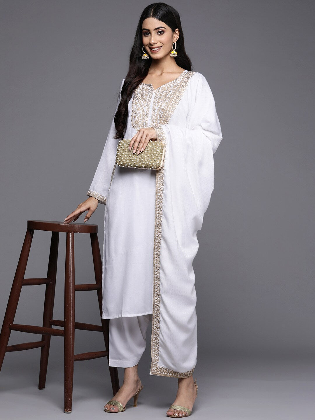White Embroidered Kurta Set with Dupatta | Women's Kurta Sets