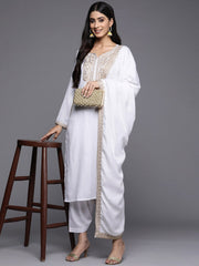 White Ethnic Motifs Embroidered Aari Work Pashmina Kurta with Salwar & With Dupatta-AHKUDUSL-COMBO-561-OA-EMB