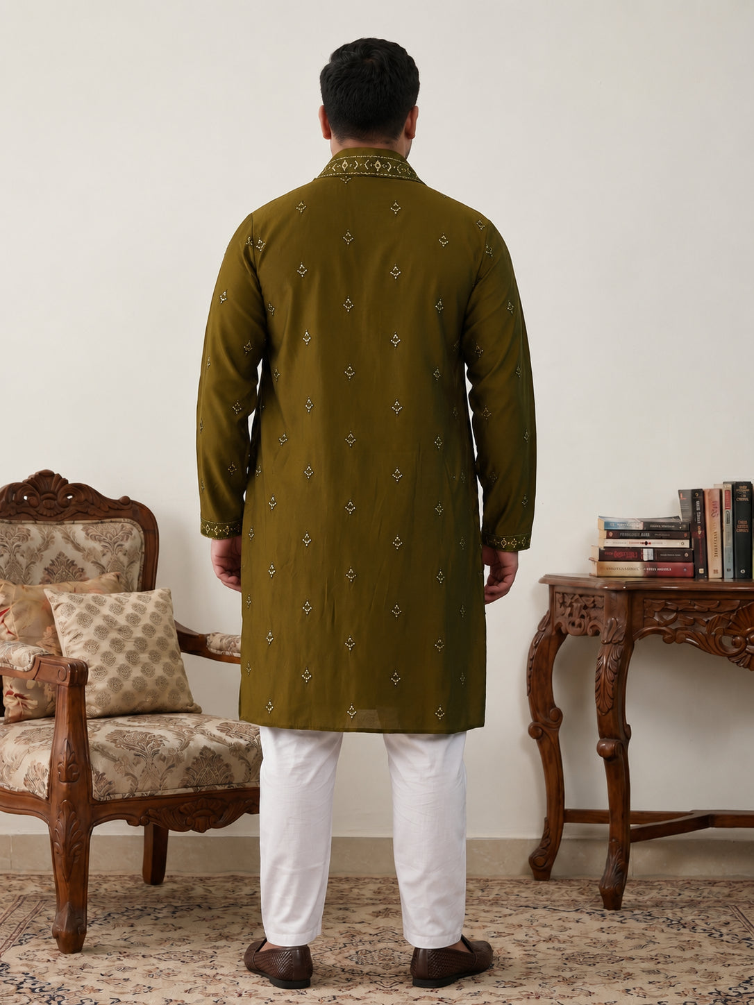 DesiQlo Men Embroidered Kurta Pyjama Set - Green - JOKP_D_5088Olive_3X