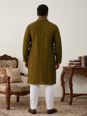 Embroidered & Sequin Kurta Pyjama With Dupatta ( JOKP D 5088Olive  )
