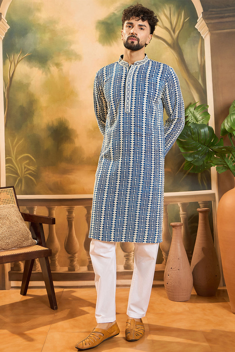 Blue Viscose Rayon Shibori Embroidered Straight Kurta MKU1412