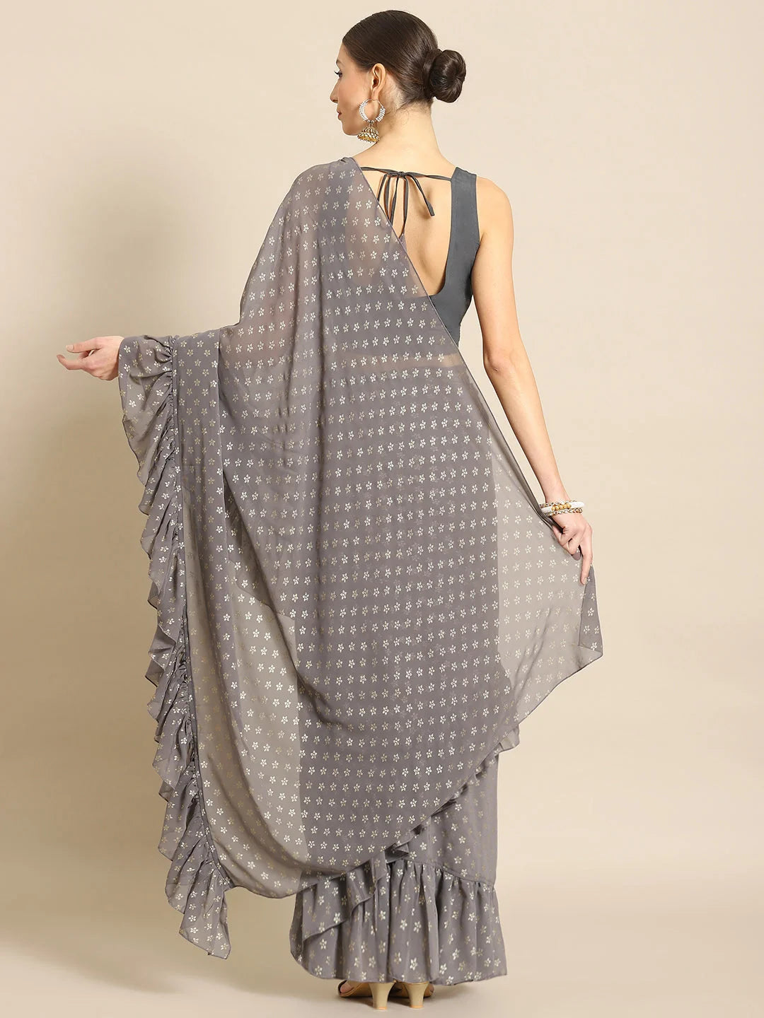 Grey & Gold Ruffle Saree | Designer Sarees India