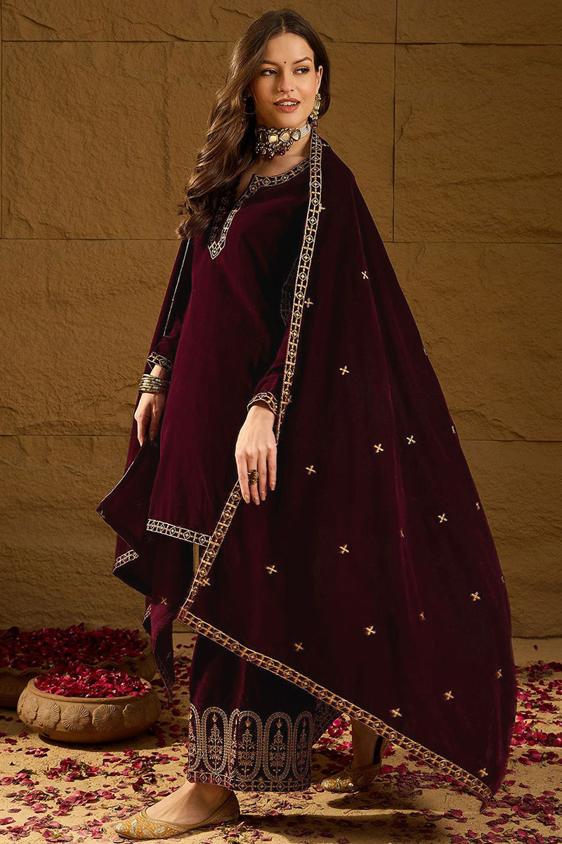 Purple Velvet Solid Embroidered Straight Palazzo Suit Set PKSKD2273 | 