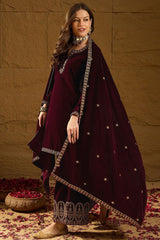 Purple Velvet Solid Embroidered Straight Palazzo Suit Set PKSKD2273