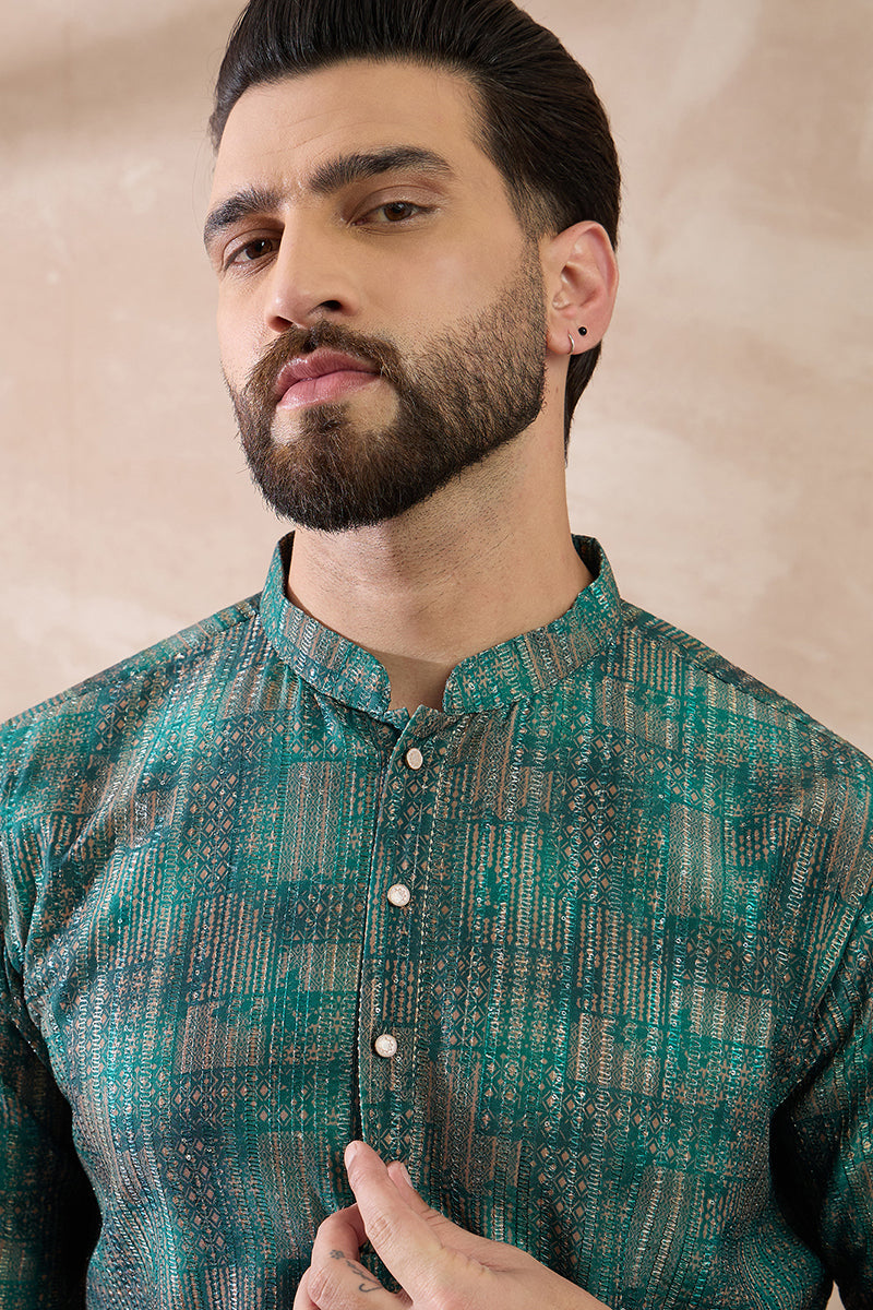 Green Silk Blend Printed Mandarin Collar Straight Kurta MKU2021