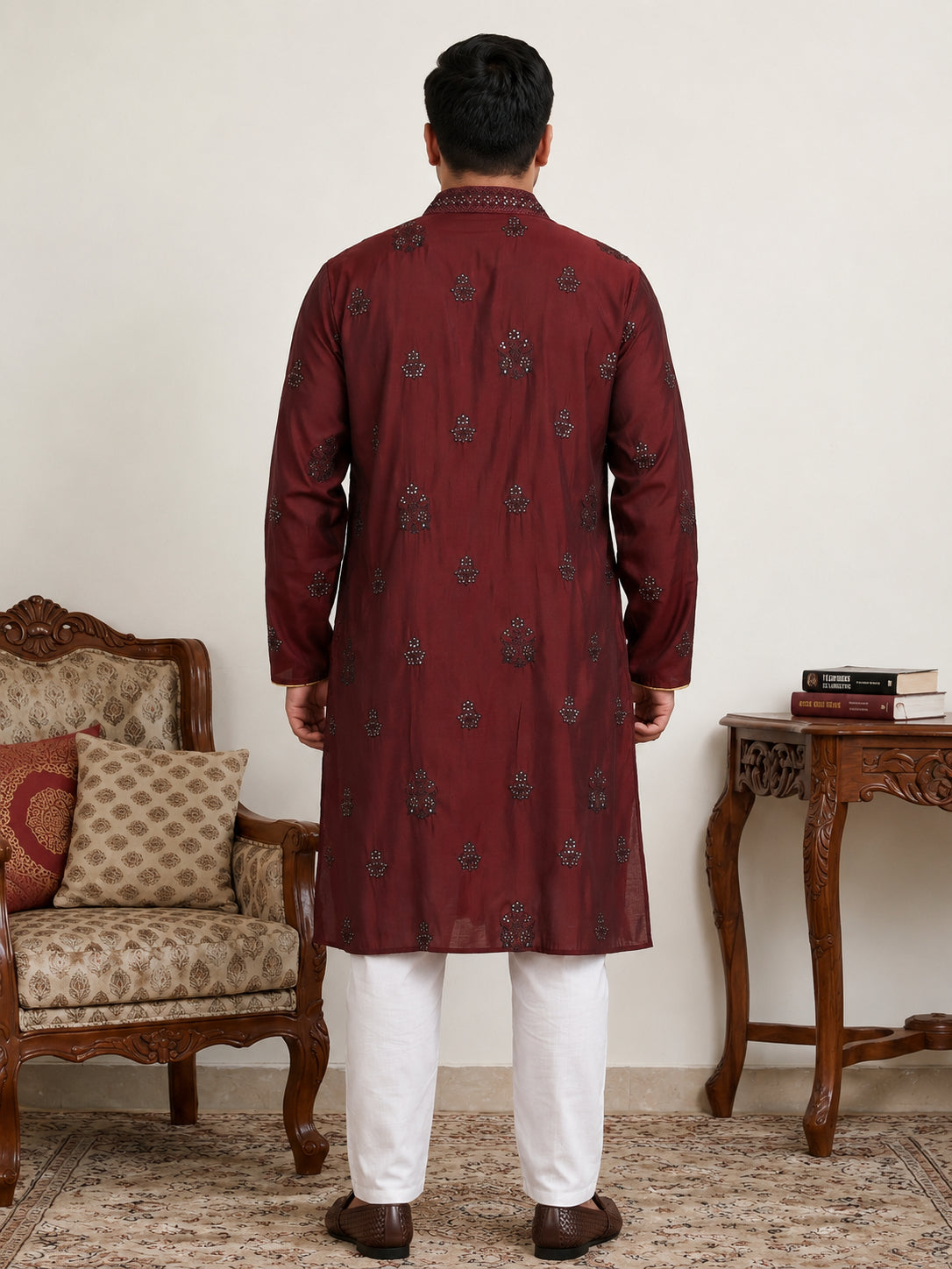 DesiQlo Men Embroidered Kurta Pyjama Set - Maroon - JOKP_D_5091Maroon_