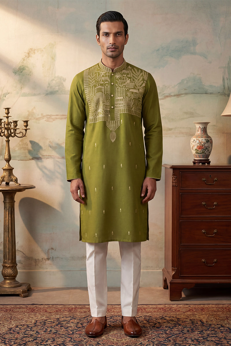 Green Silk Blend Solid Emboidered Straight Kurta With Trouser MKSET2373