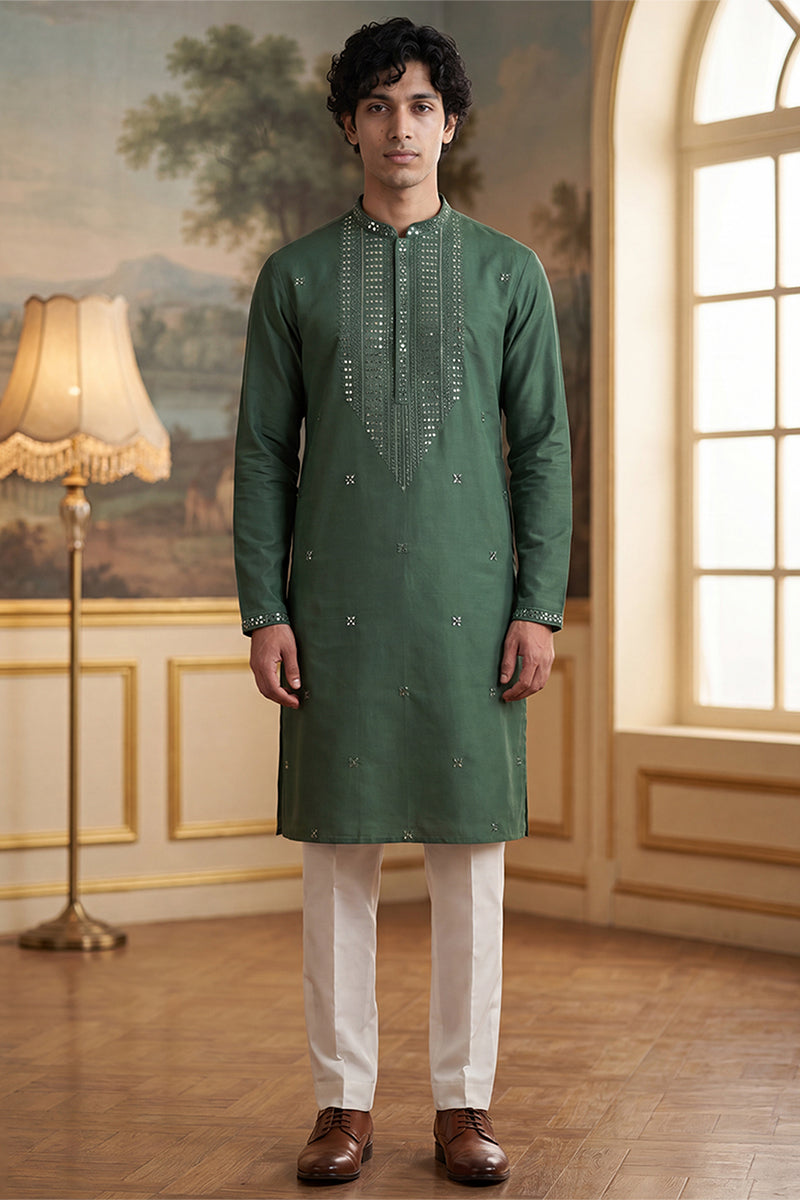 Green Silk Blend Solid Emboidered Sequins Kurta MKU2279