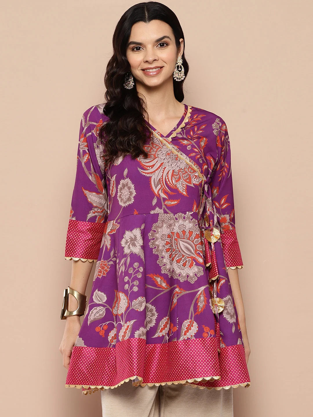 Purple Floral Print Ethnic Tie-Ups Tunic-AHTUCRDP-8161-ICH