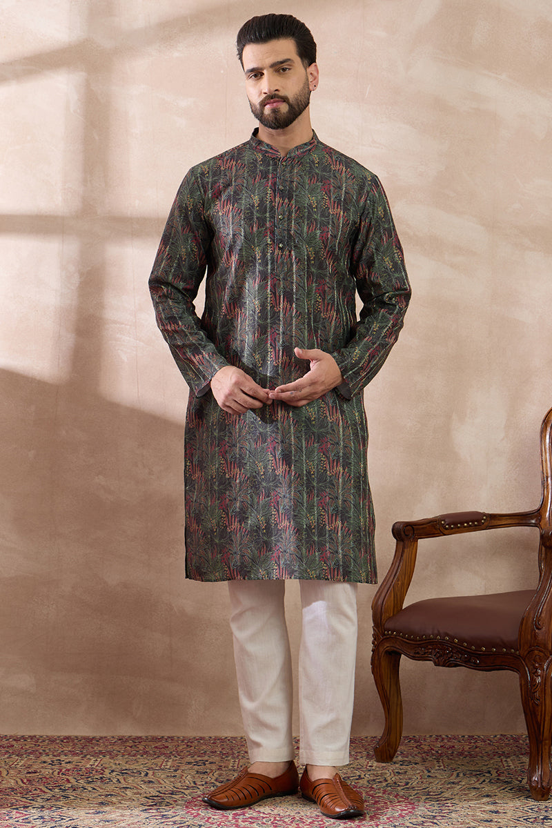 Black Silk Blend Printed Mandarin Collar Straight Kurta MKU2097