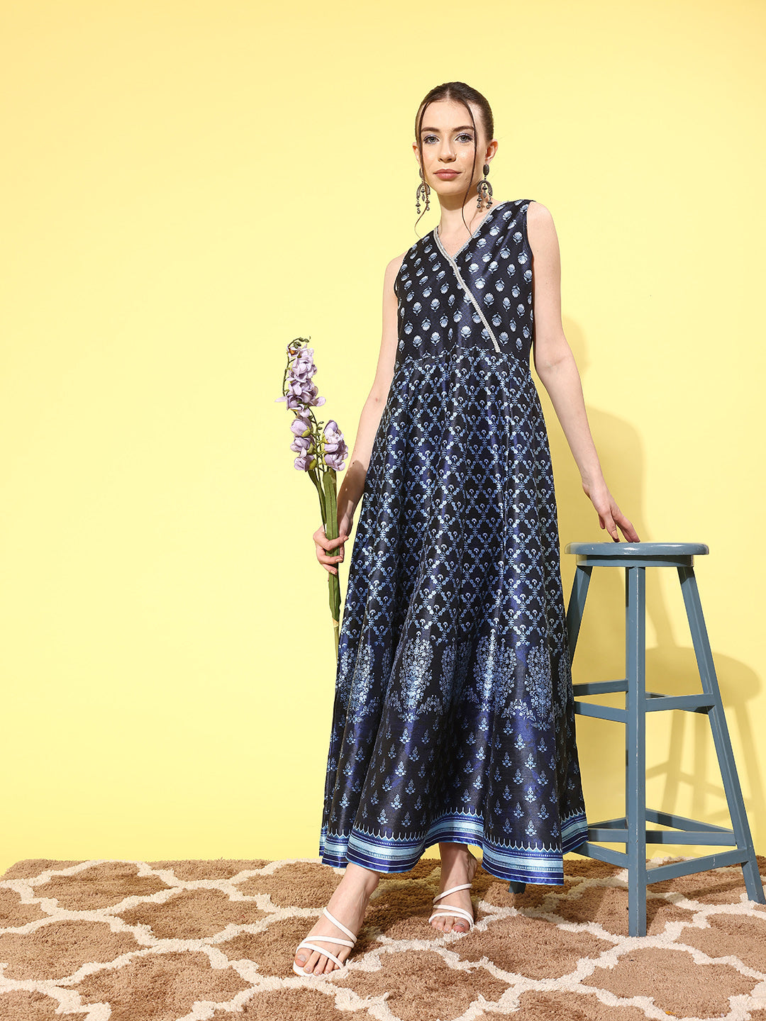 Navy Blue Floral Printed Maxi Dress | Indian Cotton Dresses