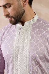 Lavender Silk Blend Embroidered Mandarin Collar Straight Kurta With Trouser MKSET1690