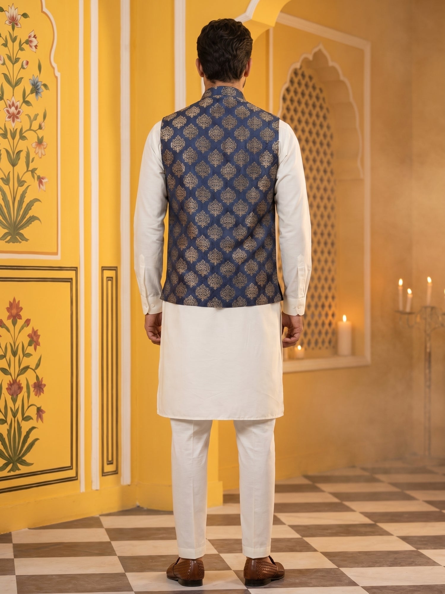 DesiQlo Men Printed Nehru Jacket and Kurta Pyjama Set - - JO 32navy