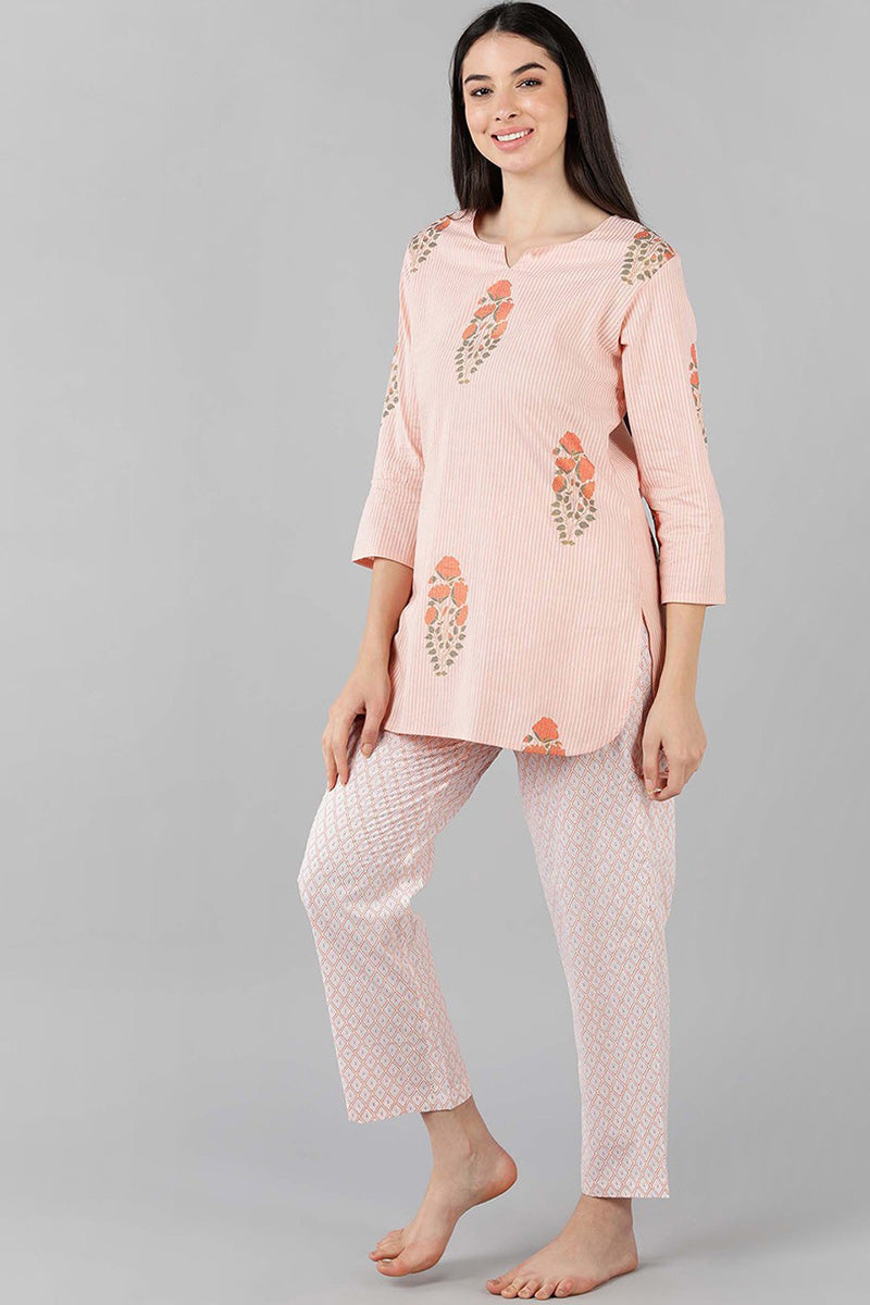 Peach Cotton Striped Night Suit VNWK1054 | DesiQlo