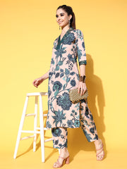 Beige & Green Floral Printed Kurta with Trousers-AHKUPZ-COMBO-598