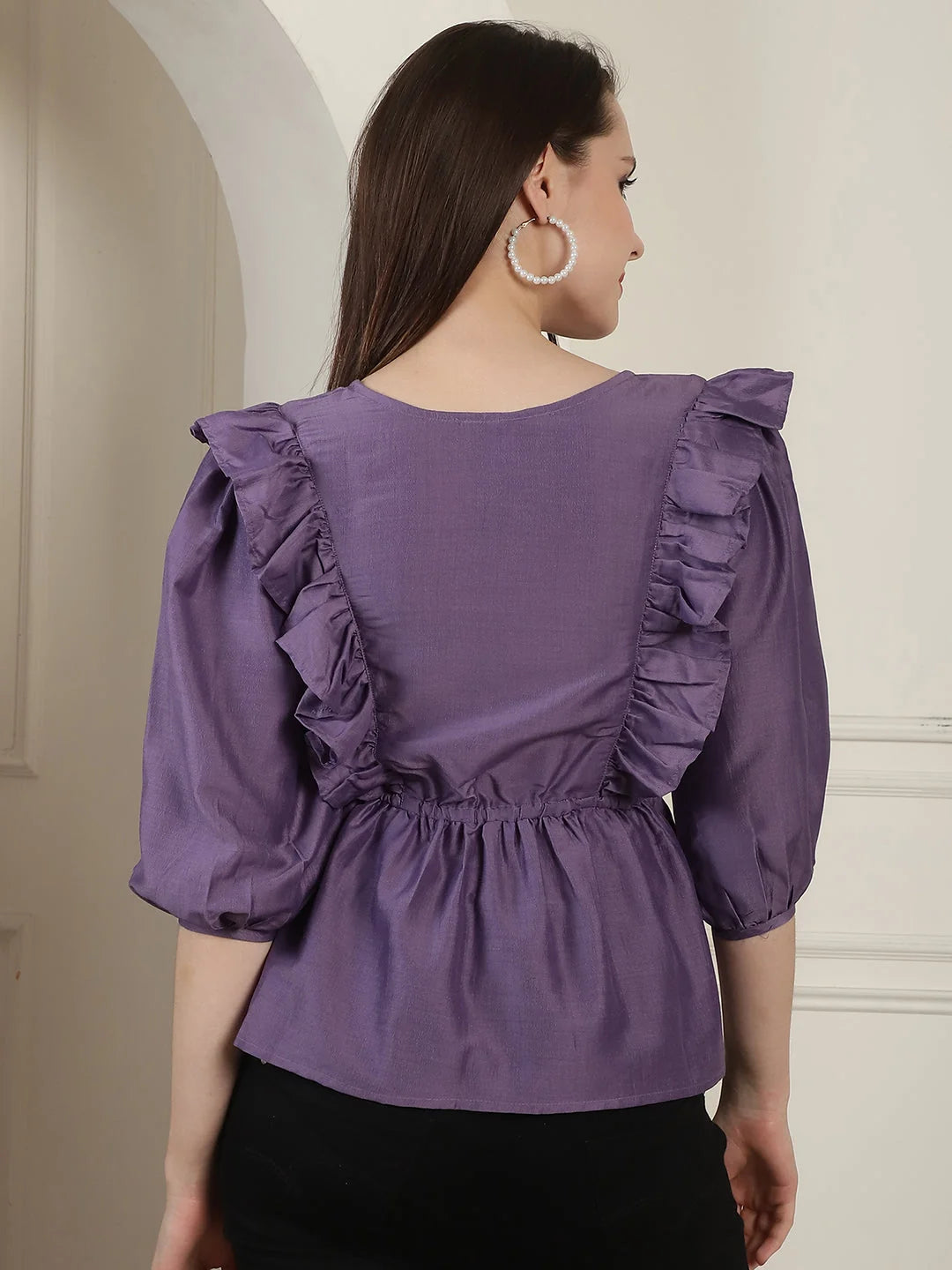 Purple Frilled Women's Top | Cotton Blend Blouses & Shirts
