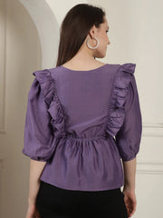 Purple Solid Women's Top With Frills-JNT-2024Purple