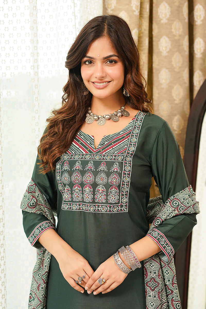 Green Rayon Blend Ajrakh Printed Straight Kurta Trousers With Dupatta PKSKD3066