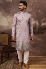 Lavender Silk Blend Solid Embroidered Straight Kurta MKU1349