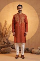 Orange Silk Blend Solid Emboidered Straight Kurta MKU2372